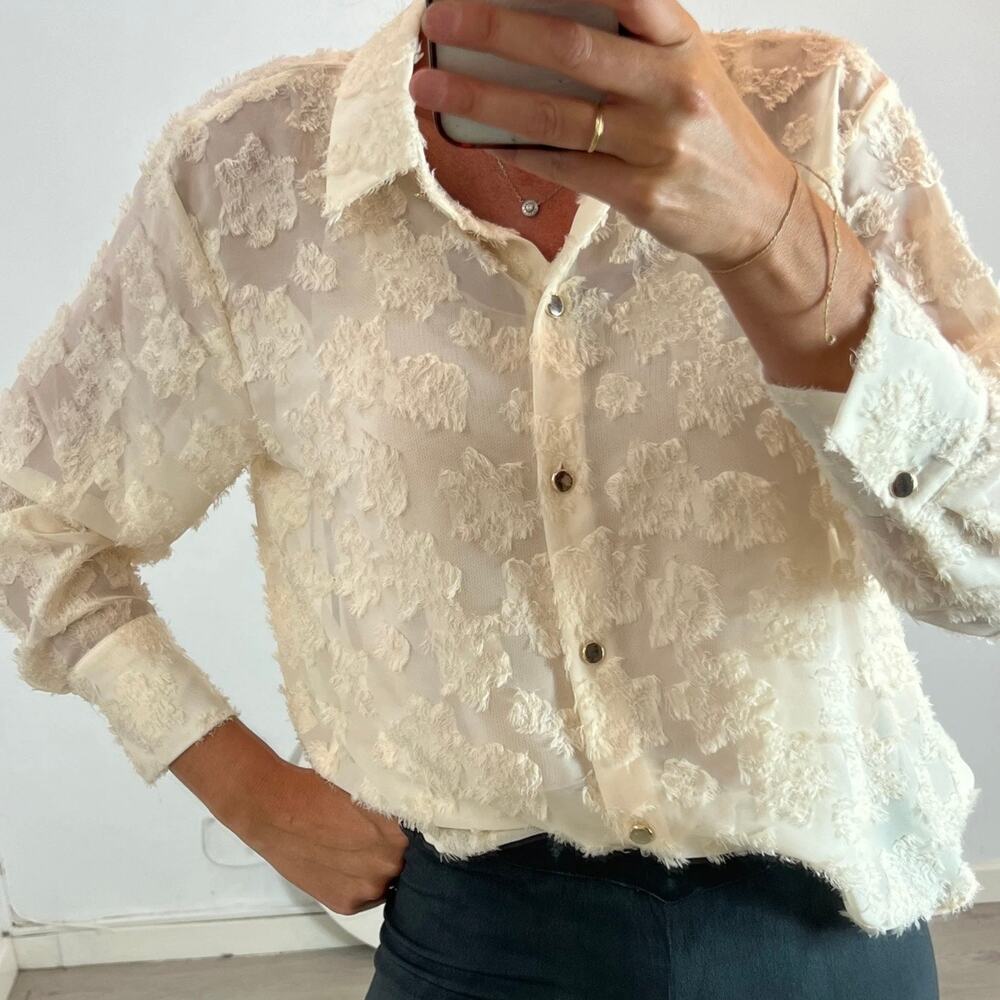 Zara Textured Sheer Button Down Blouse Women’s Small Ivory Cream